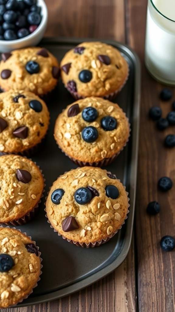 A tray of golden oat flour muffins with blueberries and chocolate chips on a wooden table.